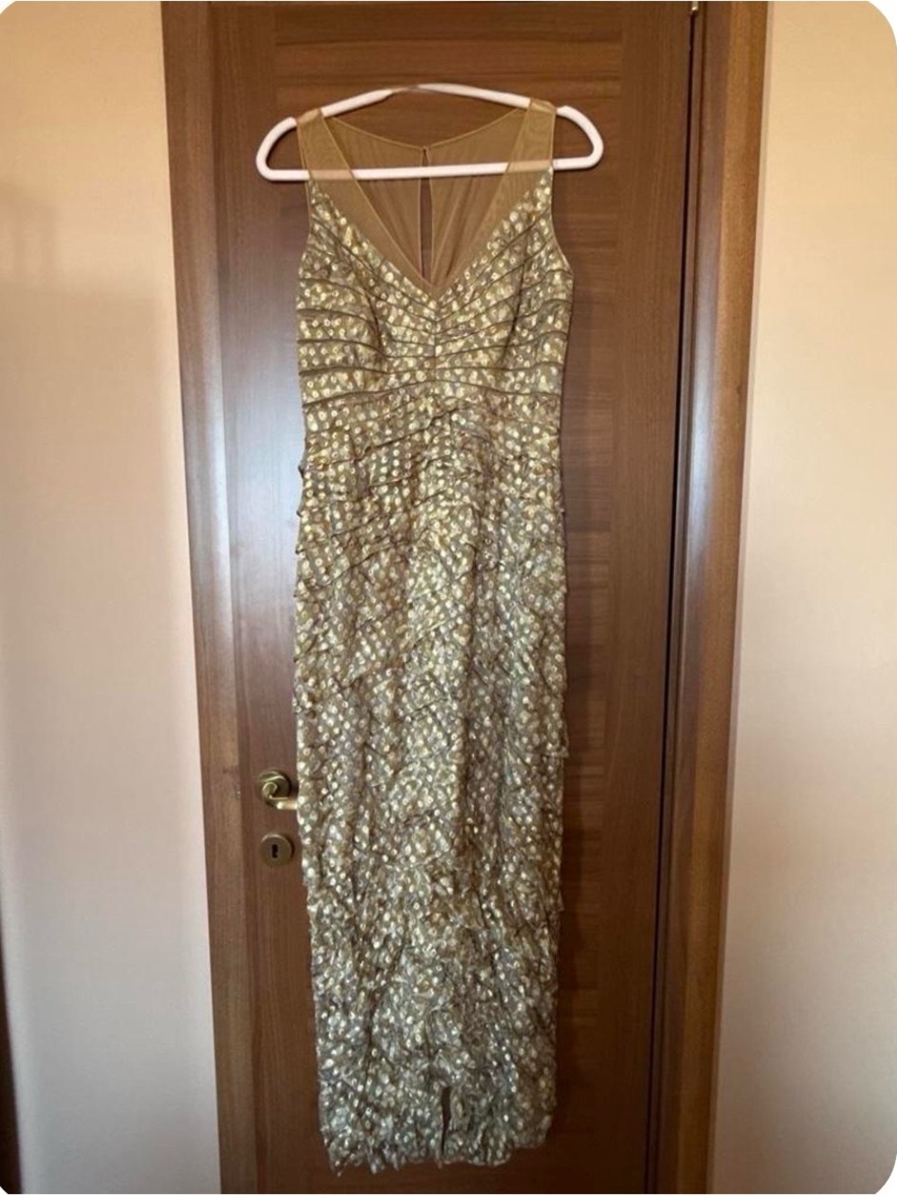 Chetta B Gold Sequin Maxi Dress with Illusion Bodice Size 8.